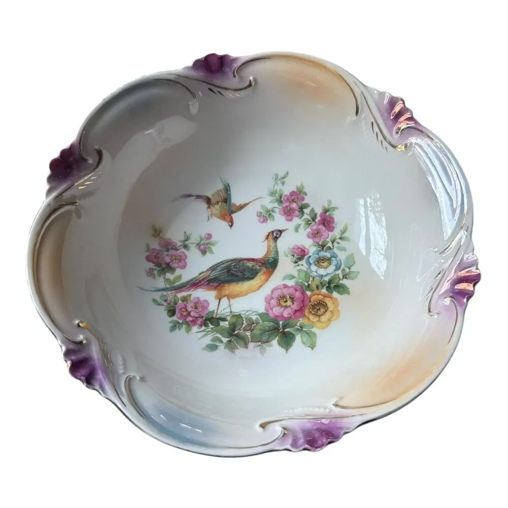 Vintage Floral Porcelain Serving Bowl Pheasants Scalloped Edge Made in Germany